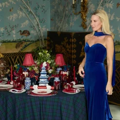 Mrs. Alice Navy Flocked Reindeers with Gold Trimmed Bows (Pair)< Christmas Decorations