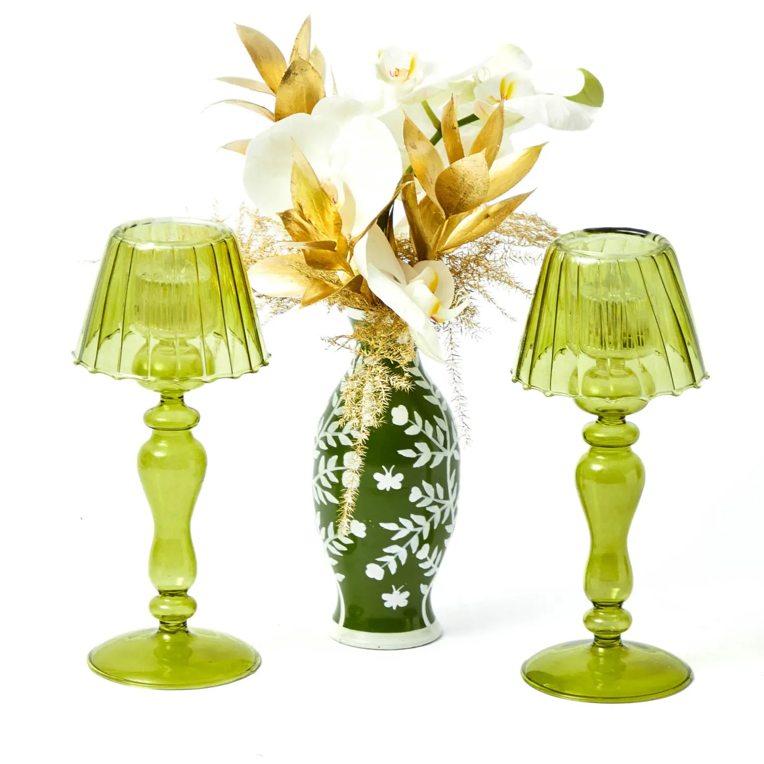 Mrs. Alice Olive Glass Lantern Tea Light Holder Set< Summer Glassware | Summer Candleware