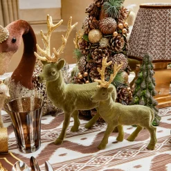 Mrs. Alice Olive Green Flocked Reindeer Family< Christmas Decorations