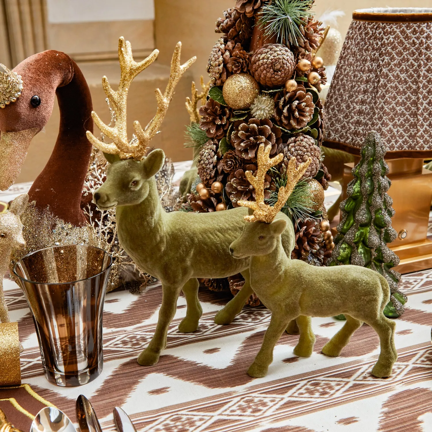 Mrs. Alice Olive Green Flocked Reindeer Family< Christmas Decorations