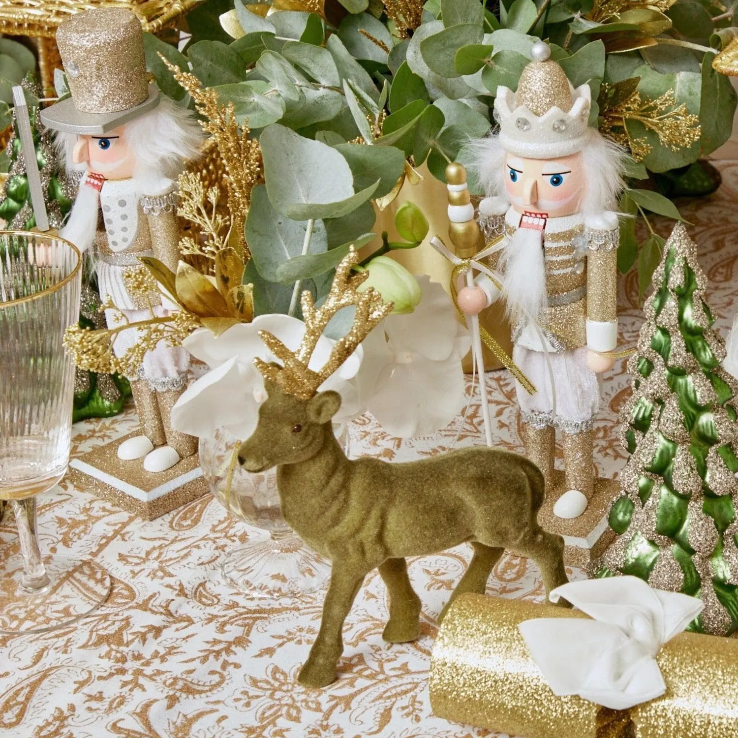 Mrs. Alice Olive Green Flocked Reindeer Family< Christmas Decorations