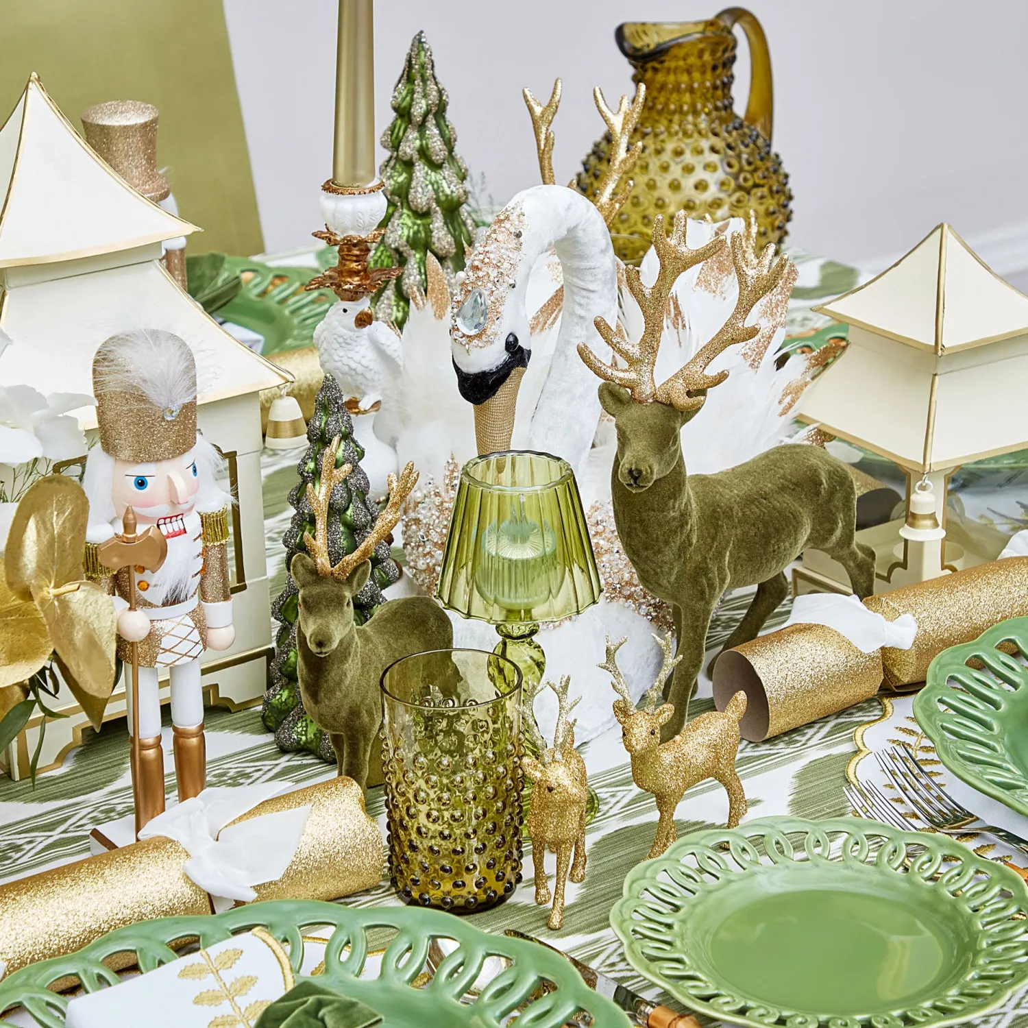 Mrs. Alice Olive Green Flocked Reindeer Family< Christmas Decorations