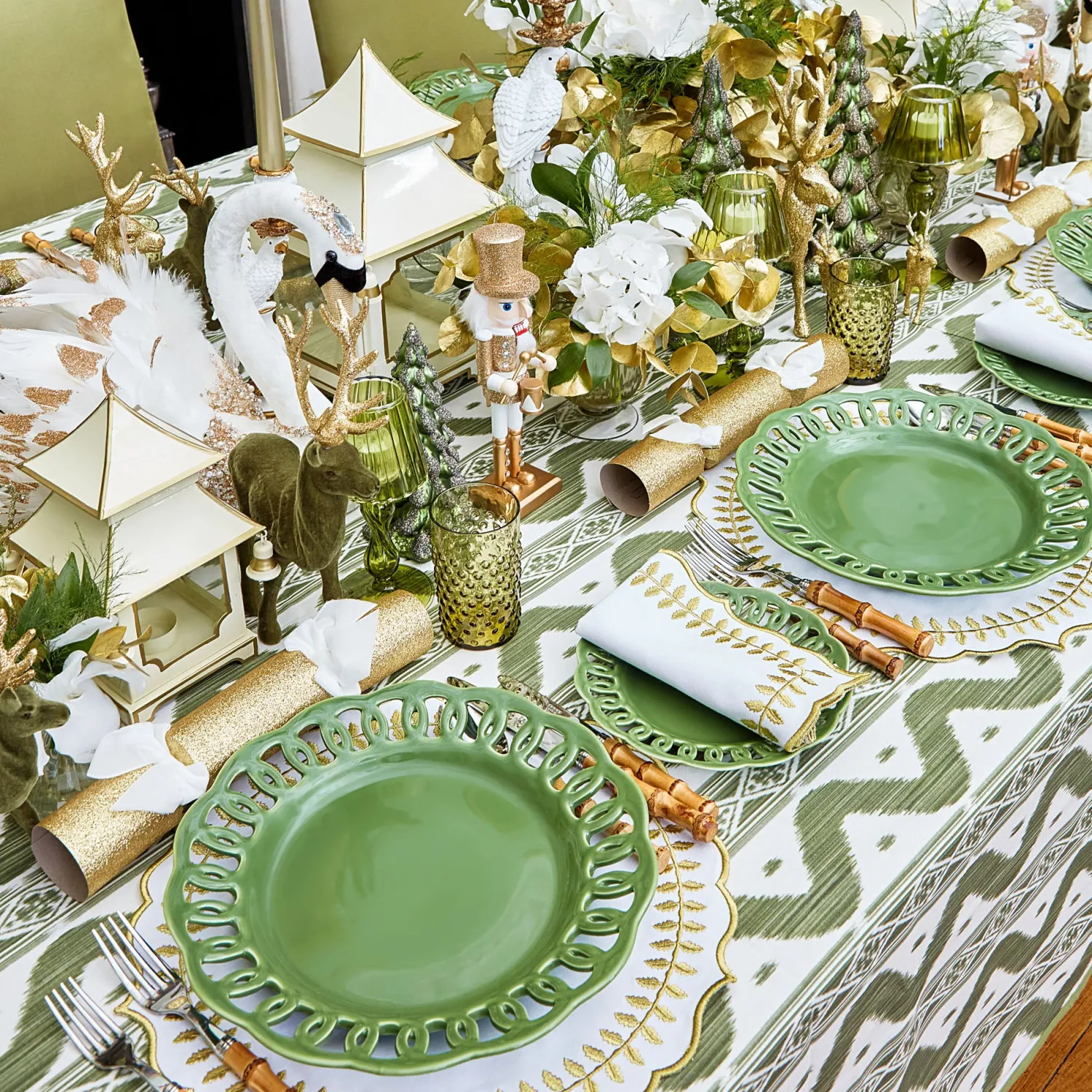 Mrs. Alice Olive Green Flocked Reindeer Family< Christmas Decorations