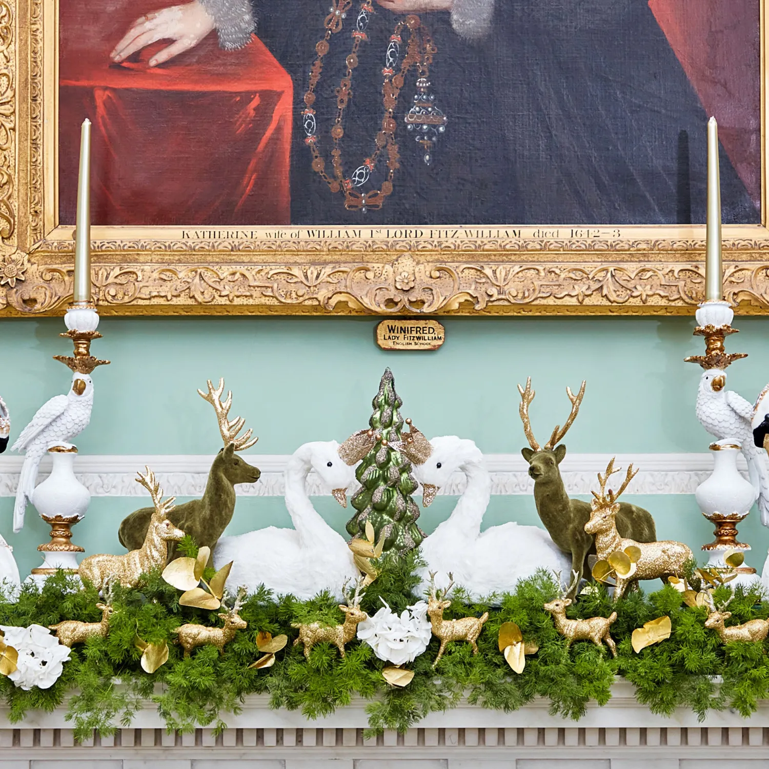 Mrs. Alice Olive Green Flocked Reindeer Family< Christmas Decorations