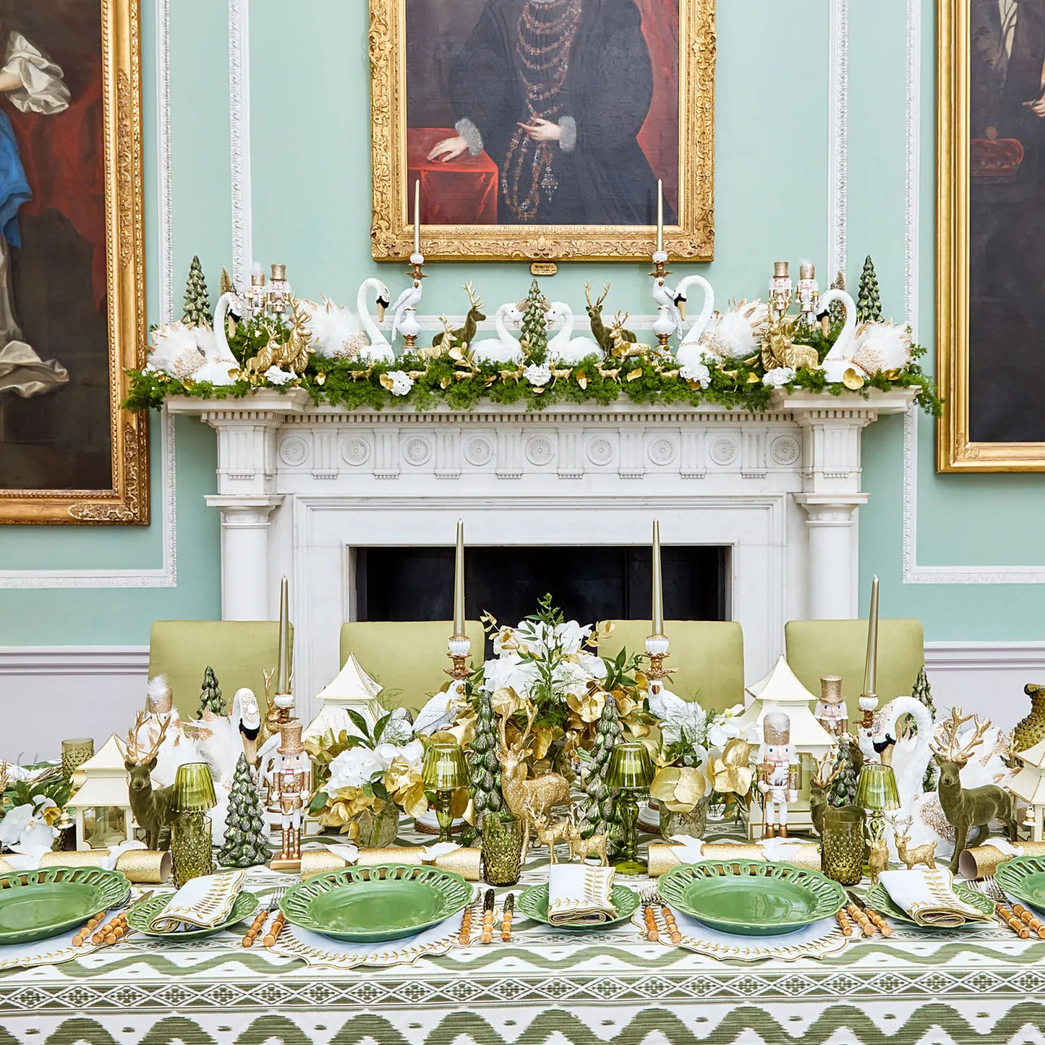 Mrs. Alice Olive Green Flocked Reindeer Family< Christmas Decorations