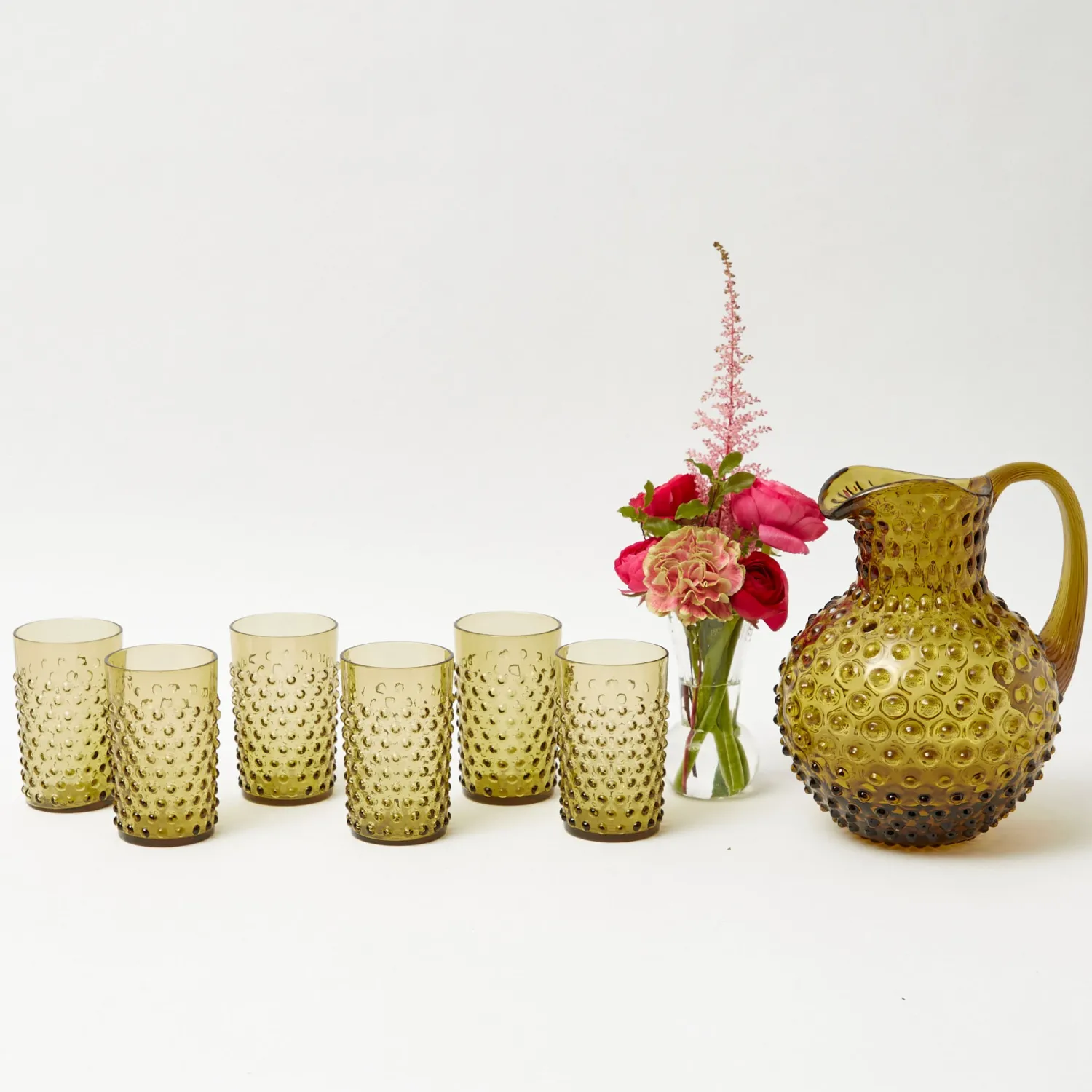 Mrs. Alice Olive Green Hobnail Jug & Glasses (Set of 6)< Glassware Sets