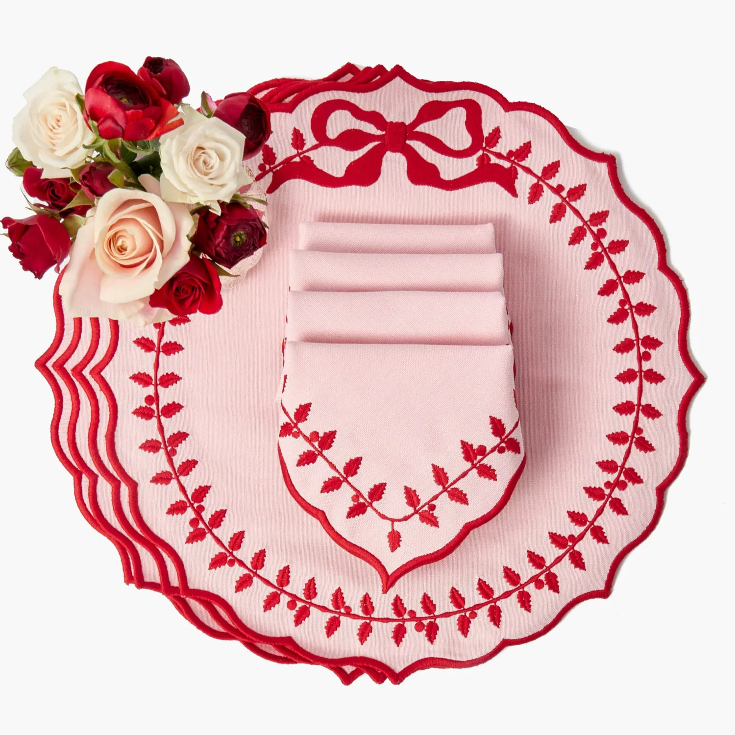 Mrs. Alice Pink & Red Bow Laurel Placemats (Set of 4)< Placemats
