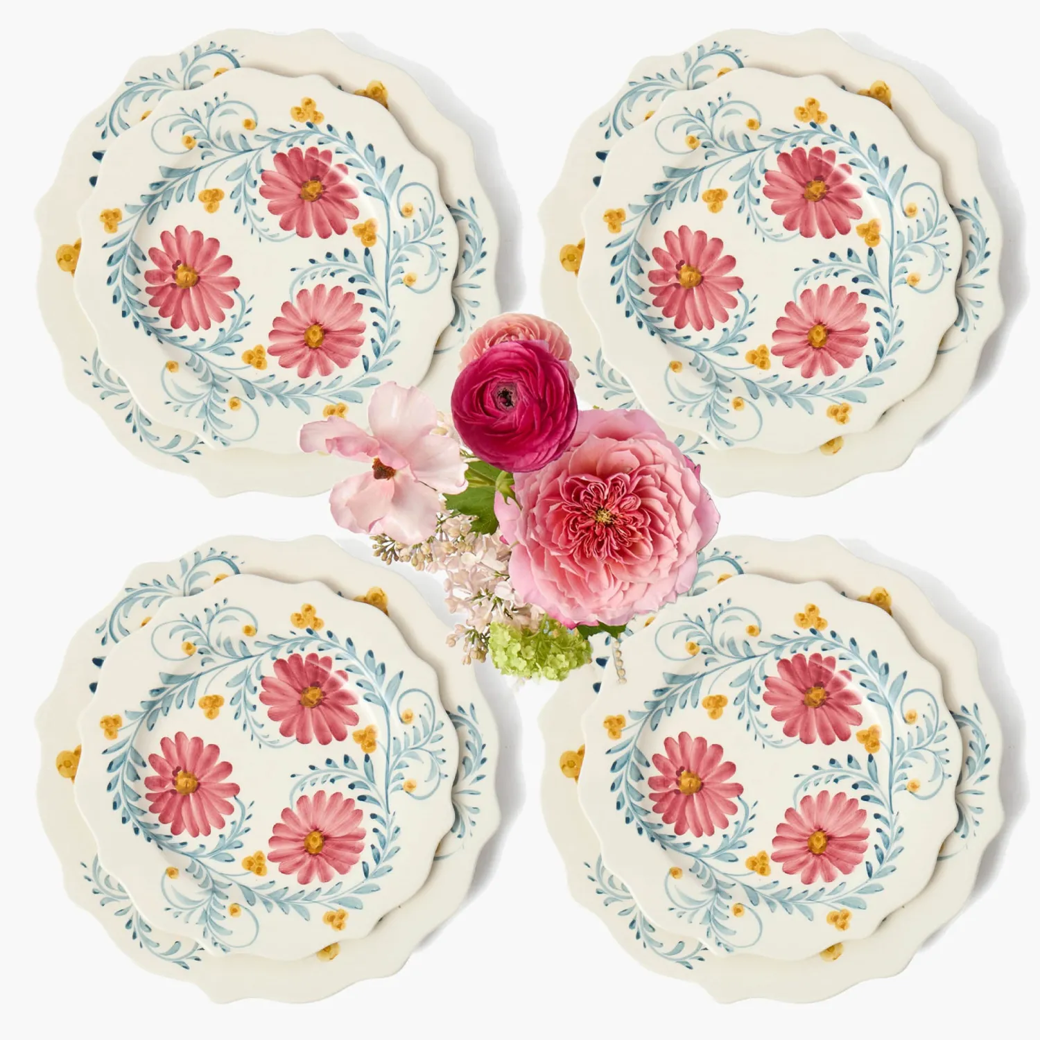 Mrs. Alice Pink Flowers Dinner & Starter Plates (Set of 8)< Summer Crockery | Crockery Sets