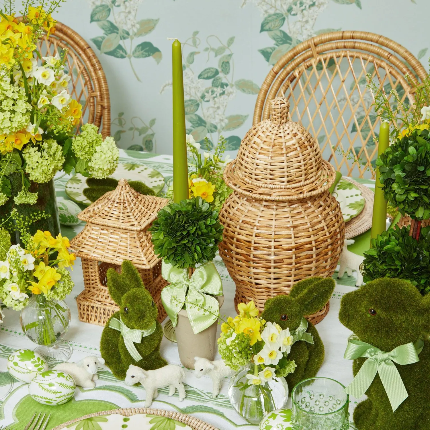 Mrs. Alice Potted Boxwood Ball with Green Bow (Pair)< Spring Decorations