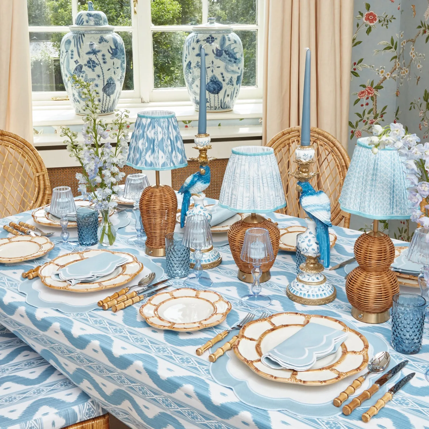 Mrs. Alice Rattan Bardot Rechargeable Lamp with Blue Ikat Shade (18cm)< Rechargeable Table Lamps