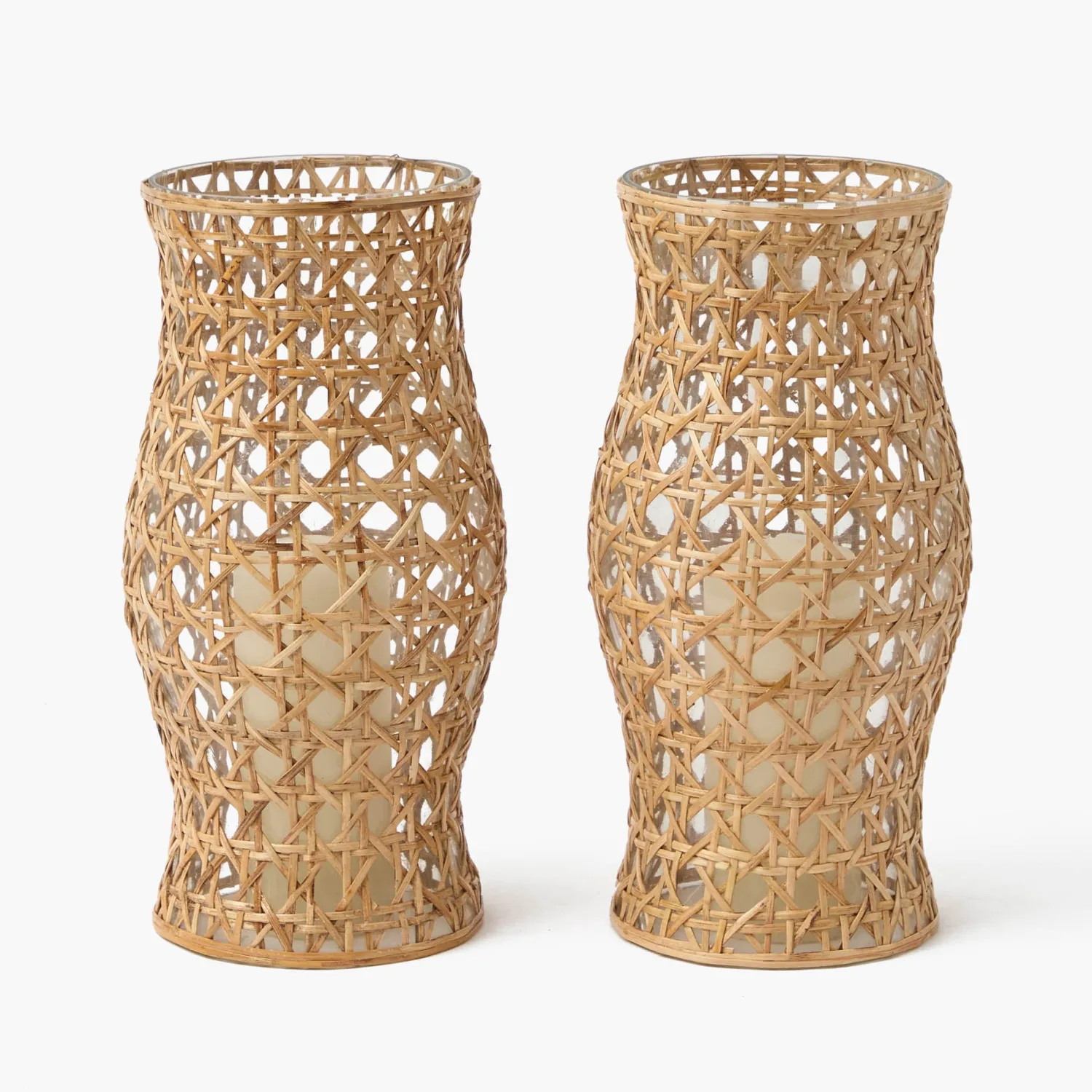 Mrs. Alice Rattan Hurricane Lantern (Pair)< Summer Glassware | Summer Candleware
