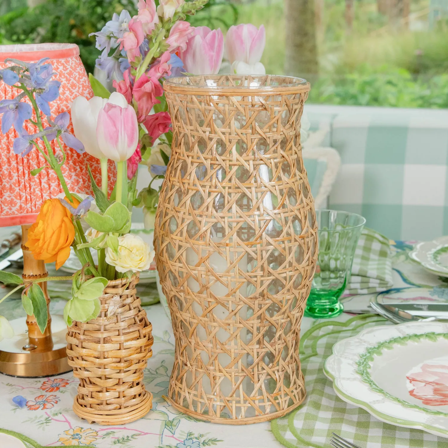 Mrs. Alice Rattan Hurricane Lantern (Pair)< Summer Glassware | Summer Candleware