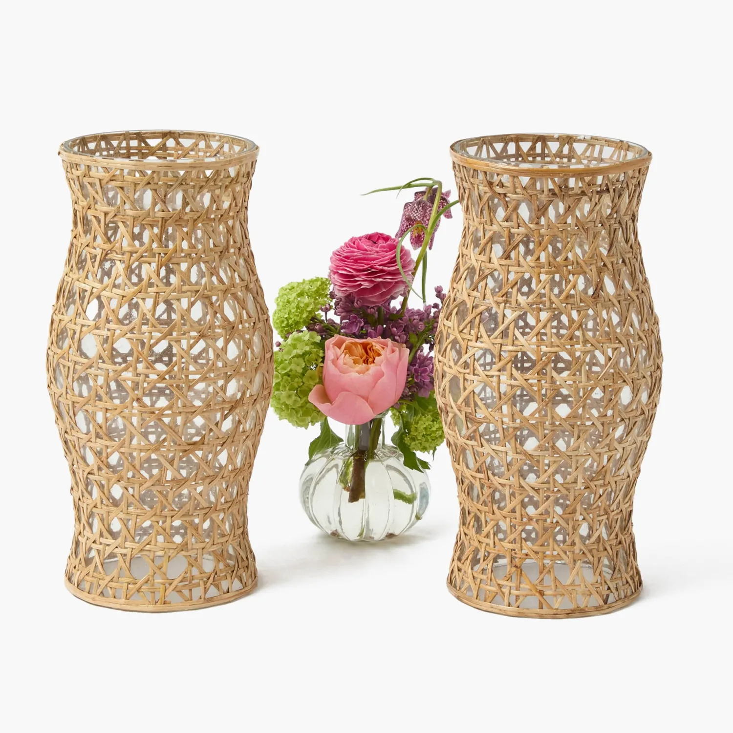 Mrs. Alice Rattan Hurricane Lantern (Pair)< Summer Glassware | Summer Candleware