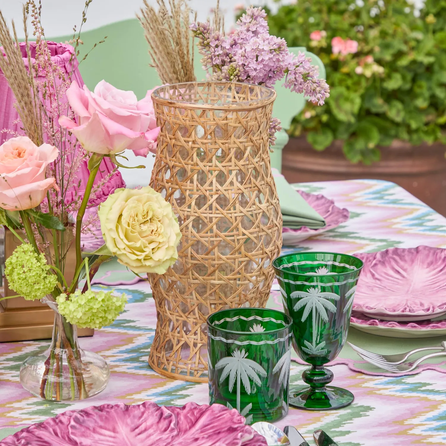 Mrs. Alice Rattan Hurricane Lantern (Pair)< Summer Glassware | Summer Candleware