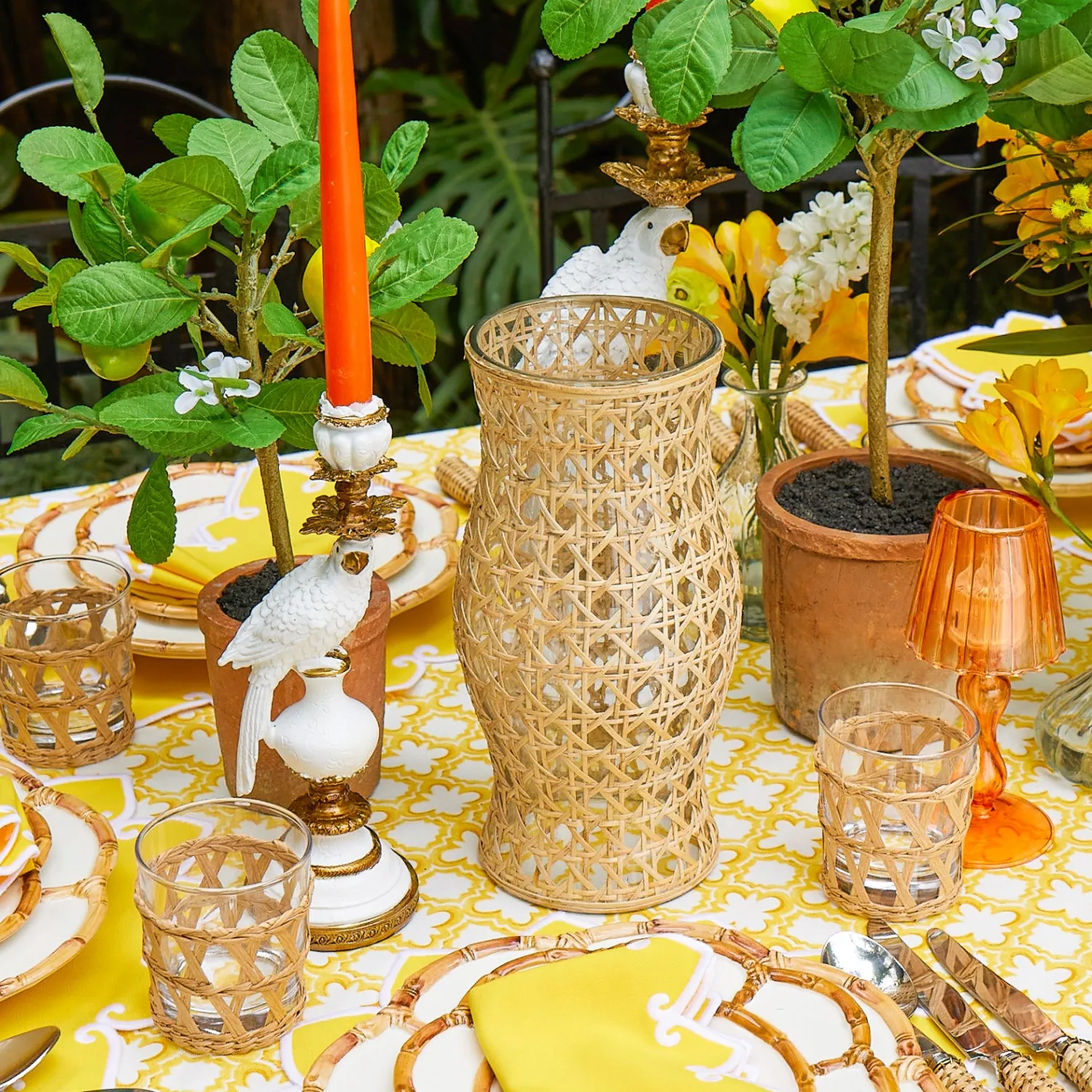 Mrs. Alice Rattan Hurricane Lantern (Pair)< Summer Glassware | Summer Candleware