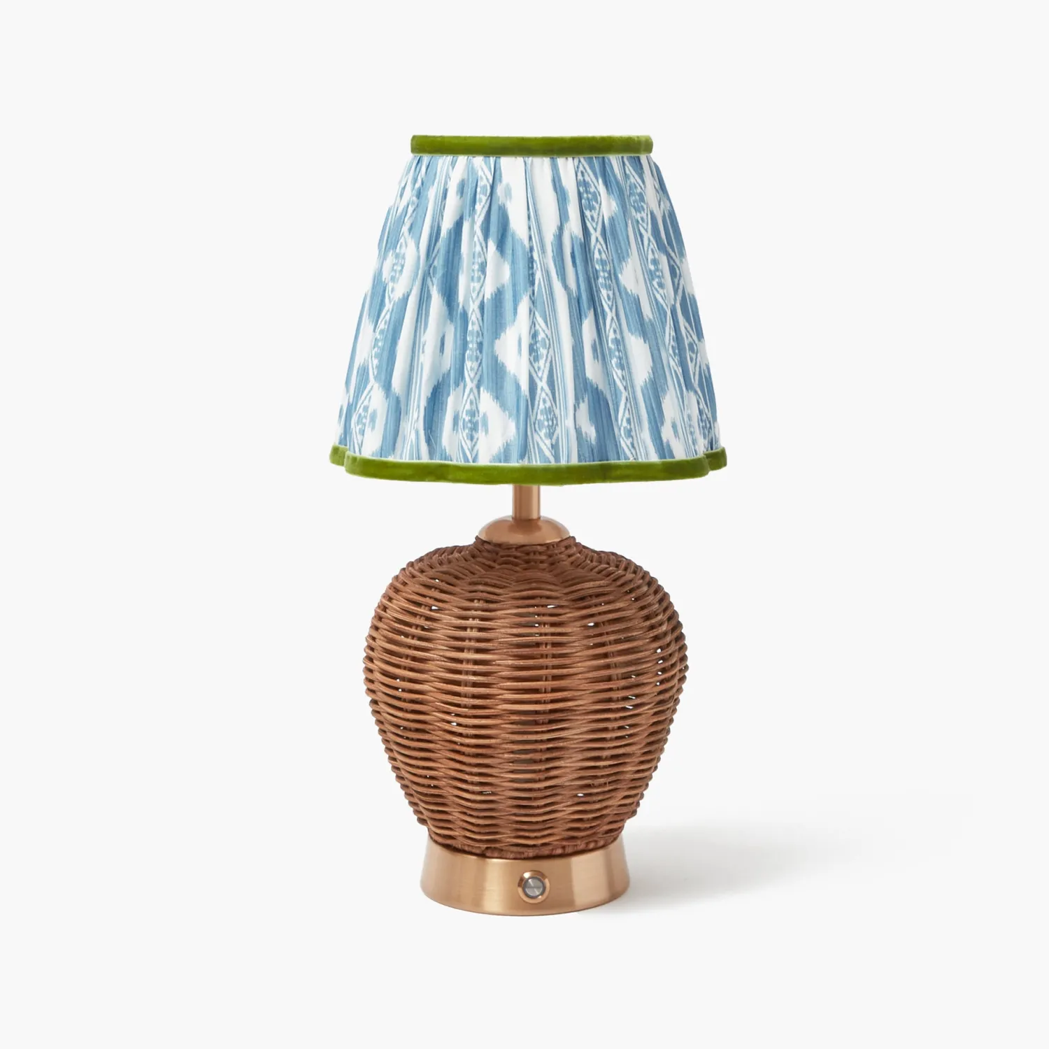 Mrs. Alice Rattan Ursula Rechargeable Lamp with Blue & Green Ikat Shade (18cm)< Rechargeable Table Lamps