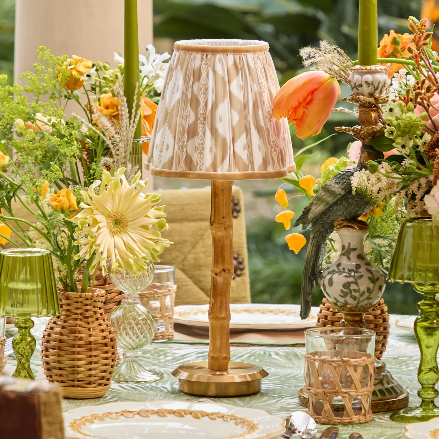 Mrs. Alice Rechargeable Bamboo Lamp with Putty Ikat Shade (18cm)< Rechargeable Table Lamps | Summer Lighting