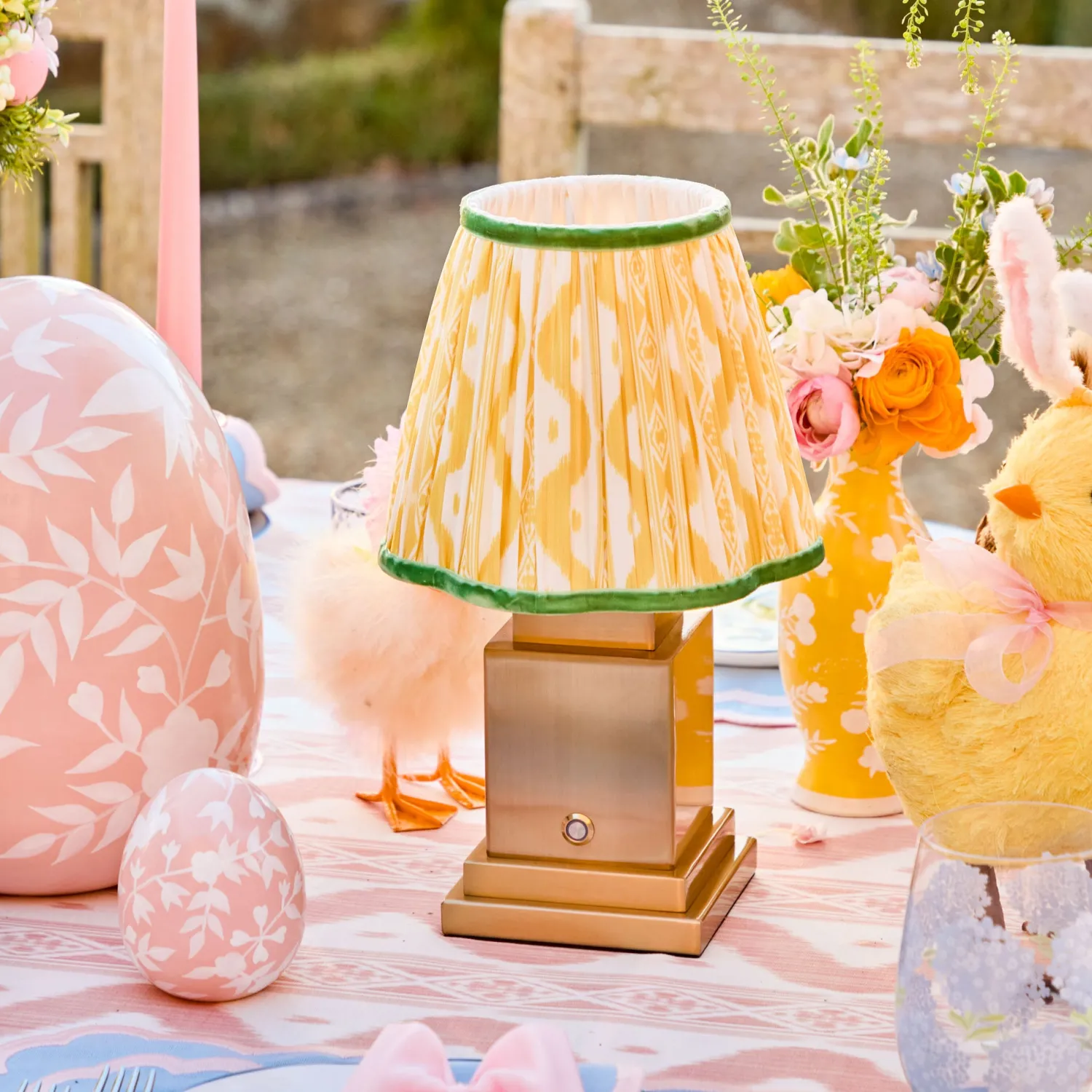 Mrs. Alice Rechargeable Lamp with Yellow & Green Ikat Shade (18cm)< Rechargeable Table Lamps