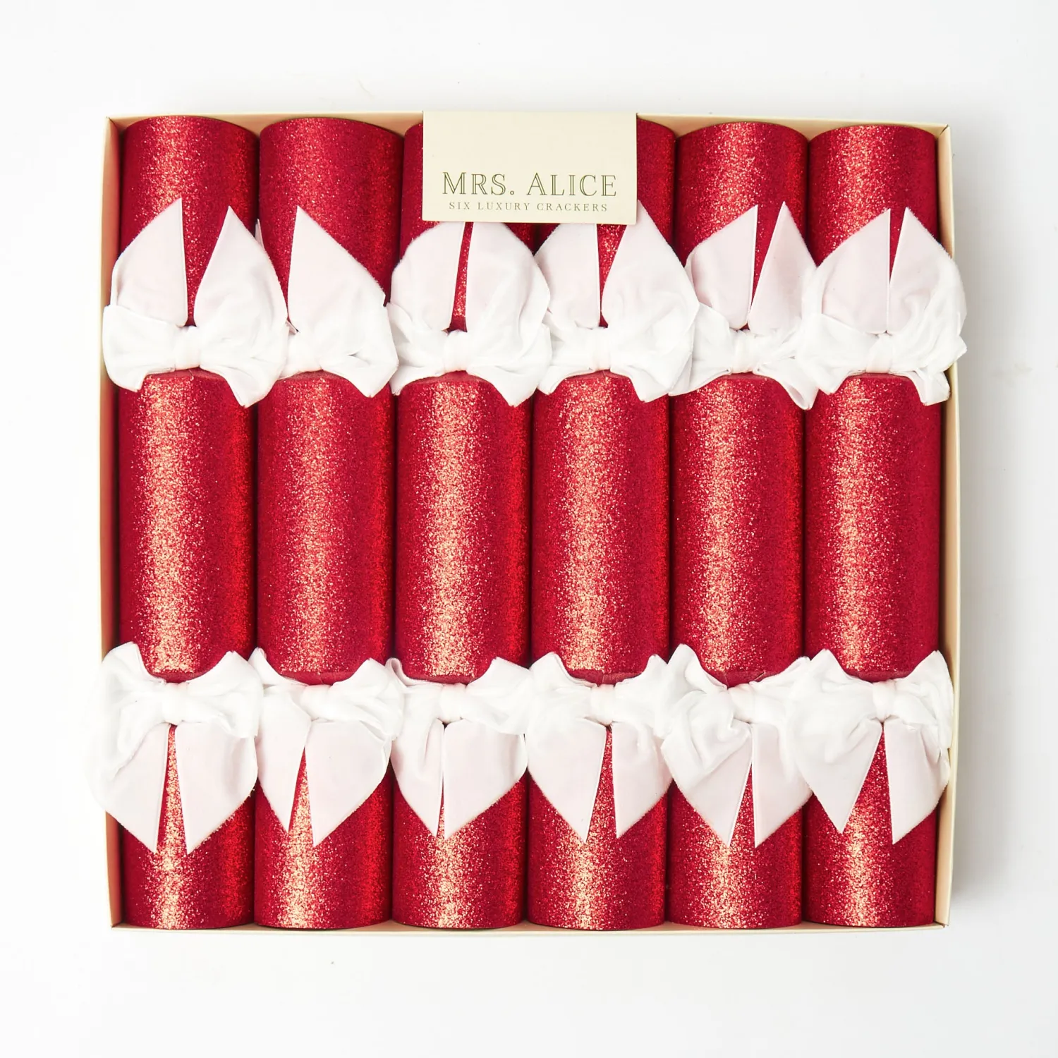 Mrs. Alice Red Glitter Crackers With White Velvet Bows (Set of 6)< Christmas Decorations