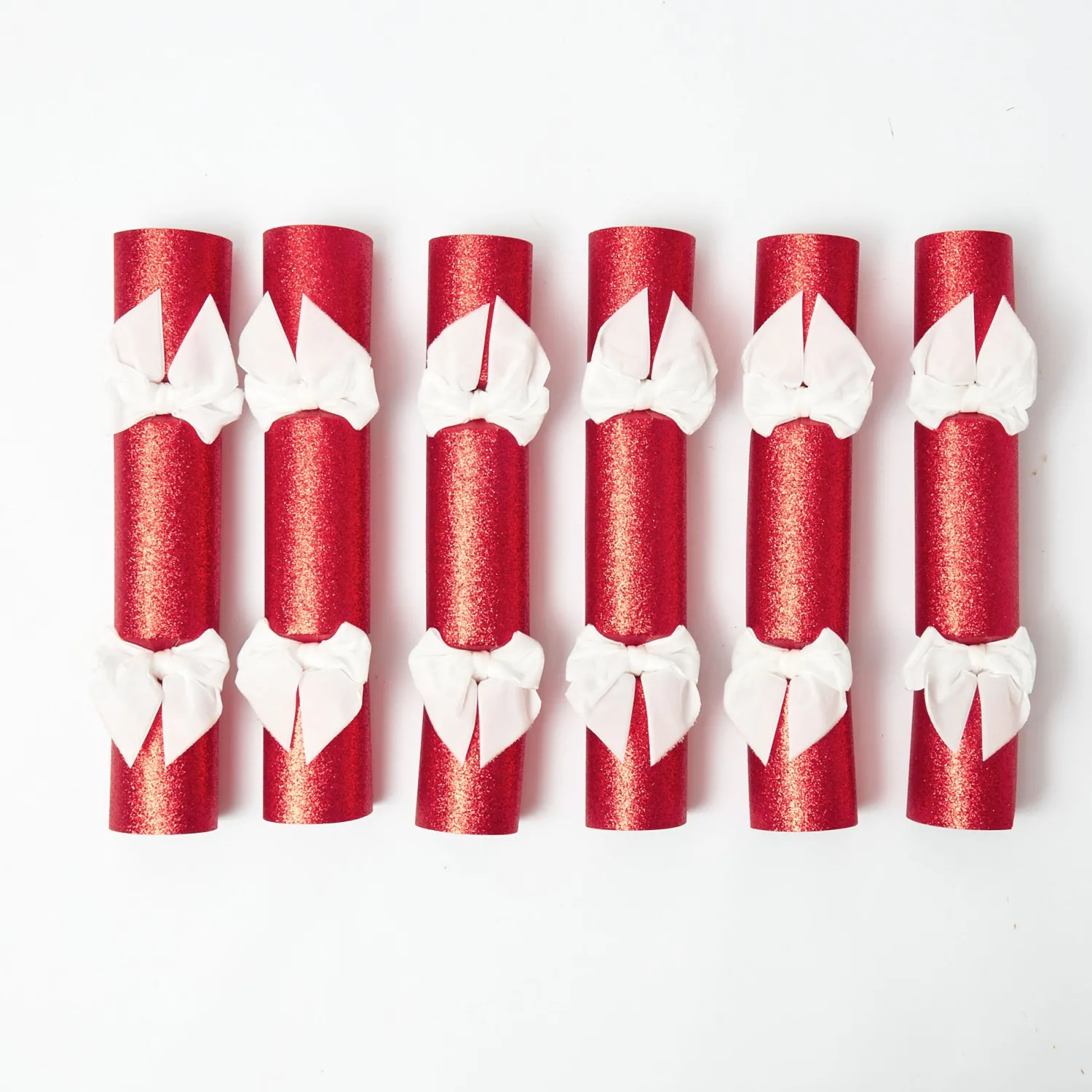Mrs. Alice Red Glitter Crackers With White Velvet Bows (Set of 6)< Christmas Decorations