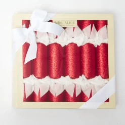 Mrs. Alice Red Glitter Crackers With White Velvet Bows (Set of 6)< Christmas Decorations