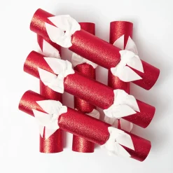 Mrs. Alice Red Glitter Crackers With White Velvet Bows (Set of 6)< Christmas Decorations