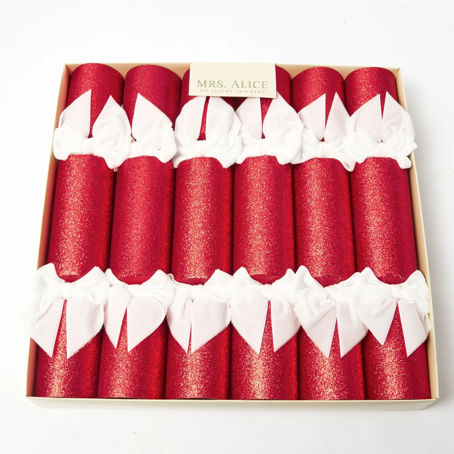 Mrs. Alice Red Glitter Crackers With White Velvet Bows (Set of 6)< Christmas Decorations