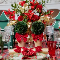 Mrs. Alice Red Ribboned Potted Boxwood Ball (Pair)< Christmas Decorations