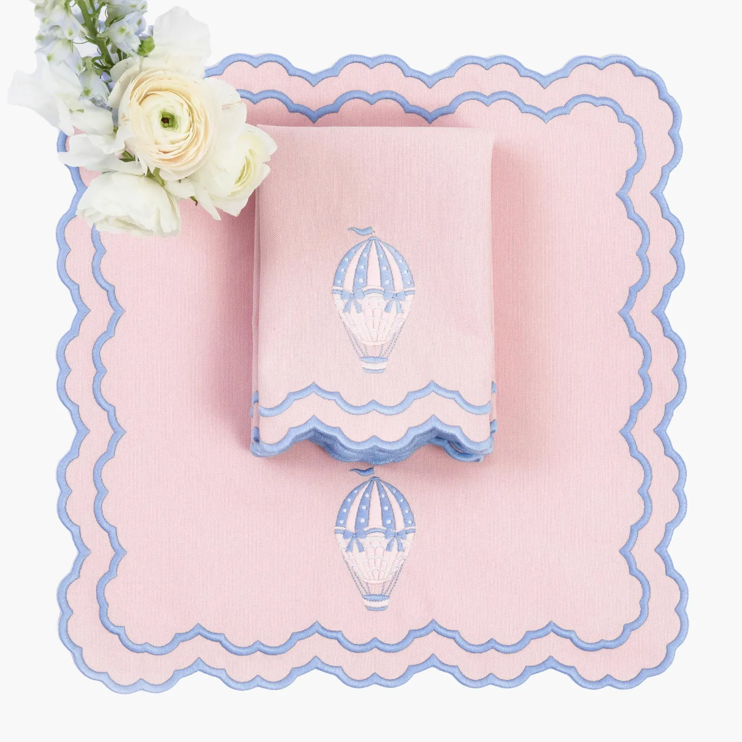 Mrs. Alice Sarah Pink & Blue Hot Air Balloon Embroidered Napkins (Set of 4)< Napkins