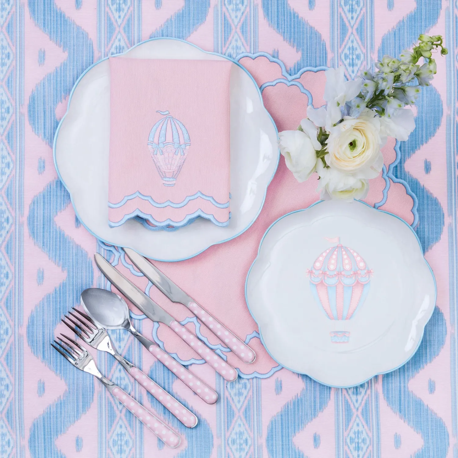 Mrs. Alice Sarah Pink & Blue Hot Air Balloon Embroidered Napkins (Set of 4)< Napkins