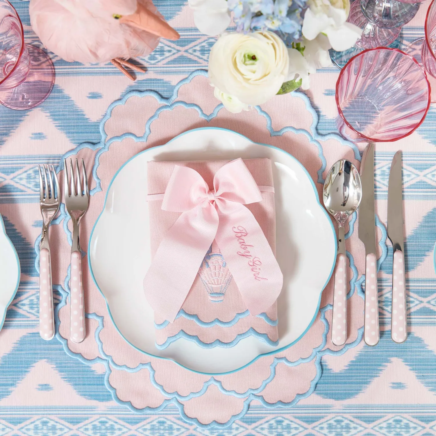 Mrs. Alice Sarah Pink & Blue Hot Air Balloon Embroidered Napkins (Set of 4)< Napkins