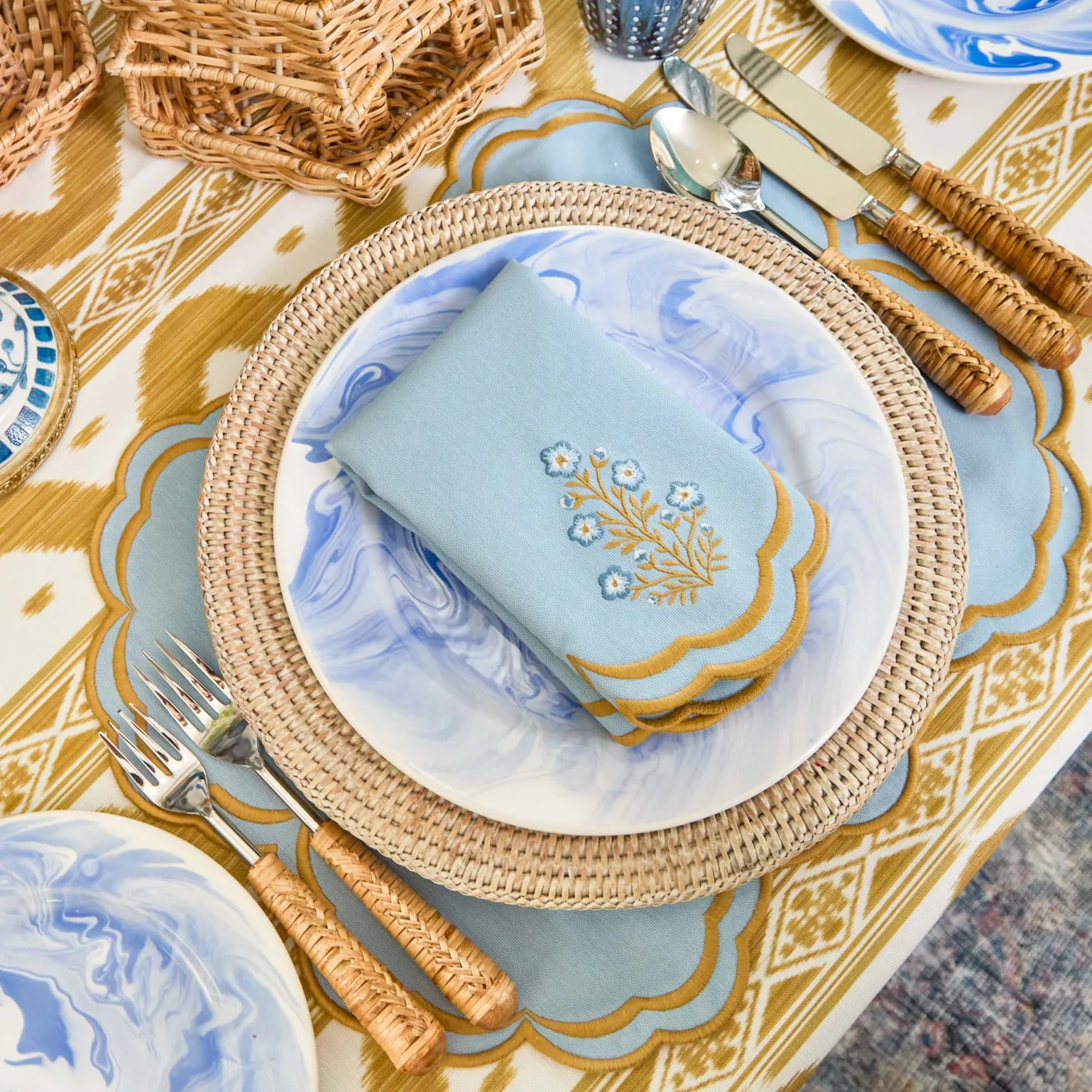 Mrs. Alice Serena Blue & Caramel Placemats & Carnation Napkins (Set of 4)< Summer Table Linen | Beautiful Blue