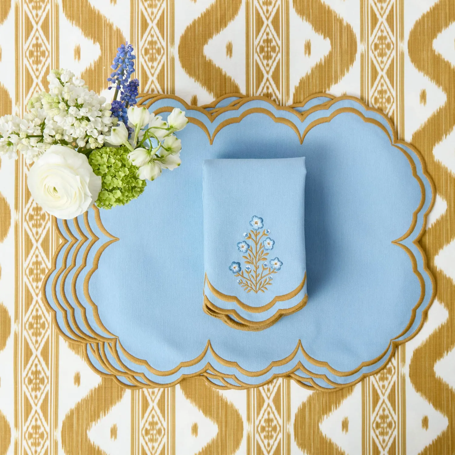 Mrs. Alice Serena Blue & Caramel Placemats & Carnation Napkins (Set of 4)< Summer Table Linen | Beautiful Blue