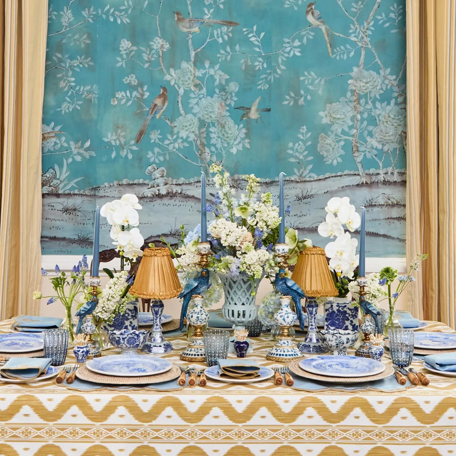 Mrs. Alice Serena Blue & Caramel Placemats & Carnation Napkins (Set of 4)< Summer Table Linen | Beautiful Blue