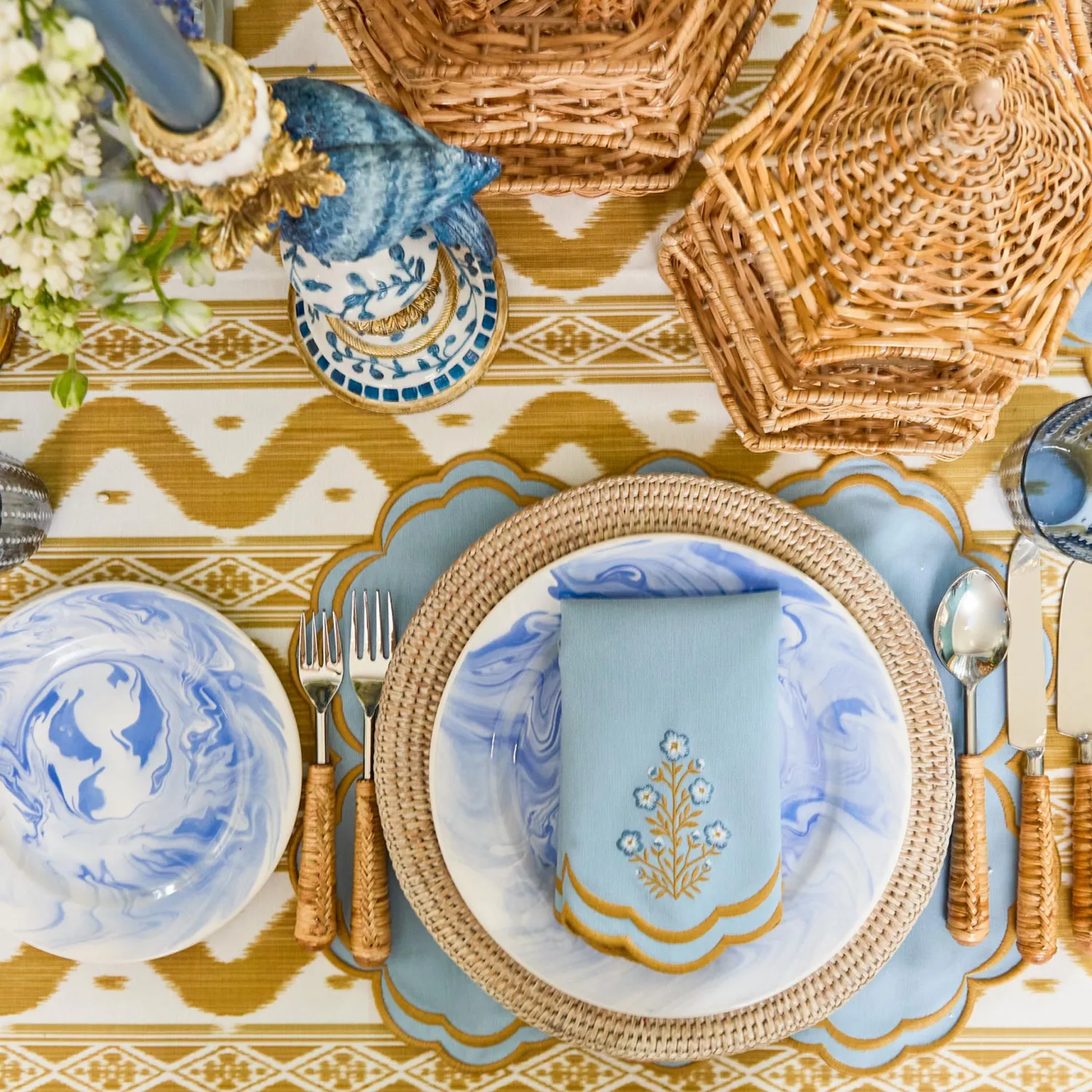 Mrs. Alice Serena Blue & Caramel Placemats & Carnation Napkins (Set of 4)< Summer Table Linen | Beautiful Blue