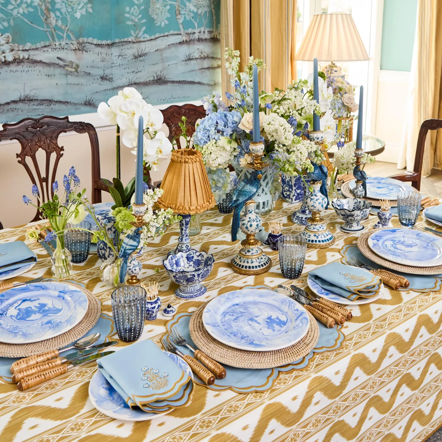 Mrs. Alice Serena Blue & Caramel Placemats & Carnation Napkins (Set of 4)< Summer Table Linen | Beautiful Blue
