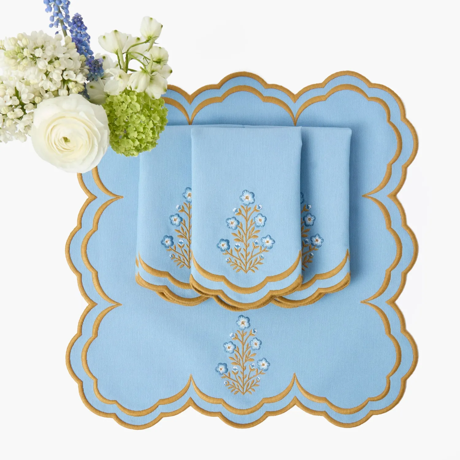 Mrs. Alice Serena Blue & Caramel Placemats & Carnation Napkins (Set of 4)< Summer Table Linen | Beautiful Blue