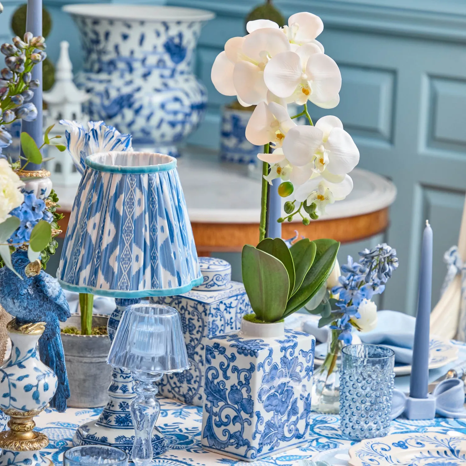 Mrs. Alice Serena Chinoiserie Rechargeable Lamp with Blue Ikat Shade (18cm)< Rechargeable Table Lamps | For Her