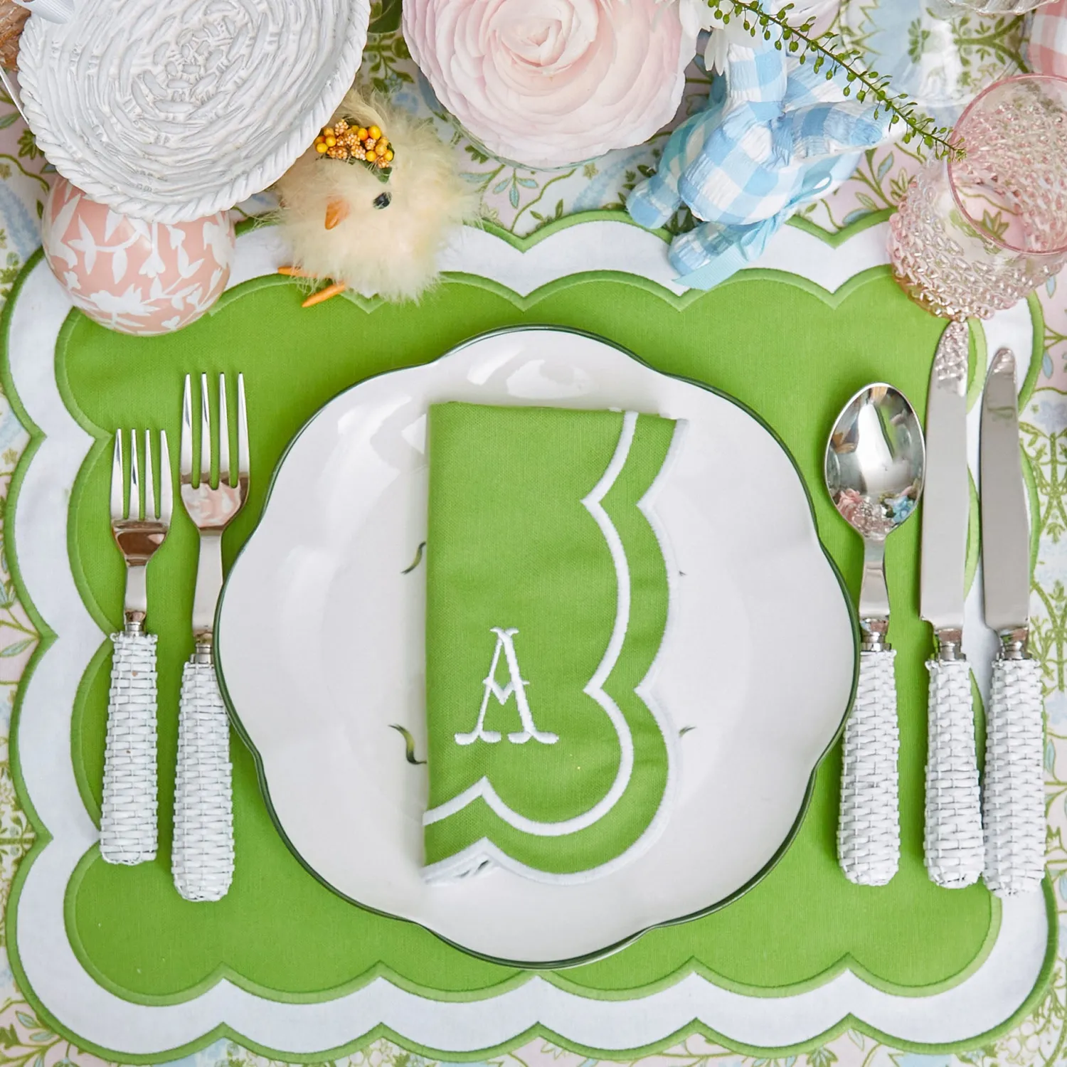 Mrs. Alice Serena Green Appliqué Placemats & Napkins (Set of 4)< Table Linen Sets | Mrs. Alice Monogram