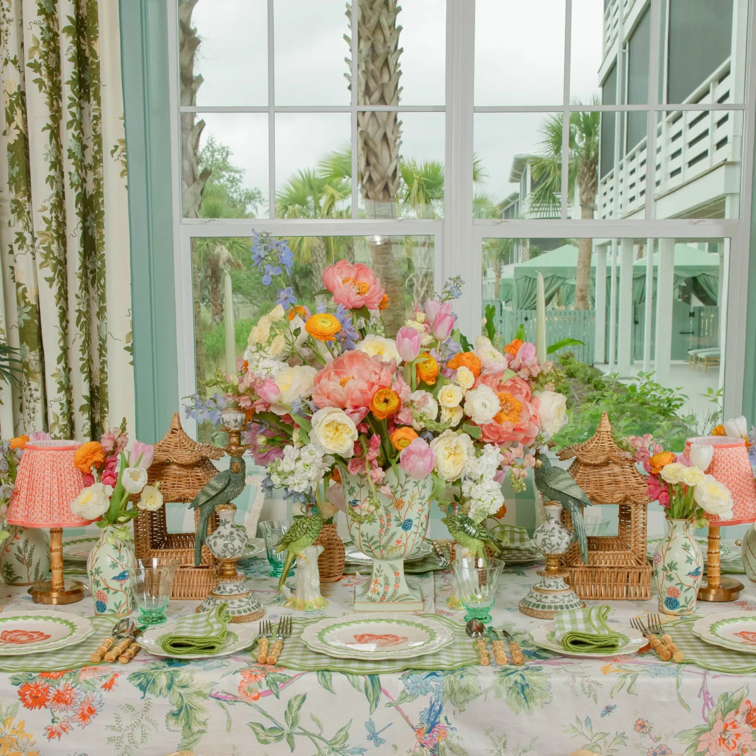 Mrs. Alice Short Bamboo Rechargeable Lamp with Coral Lotus Shade (18cm)< Rechargeable Table Lamps