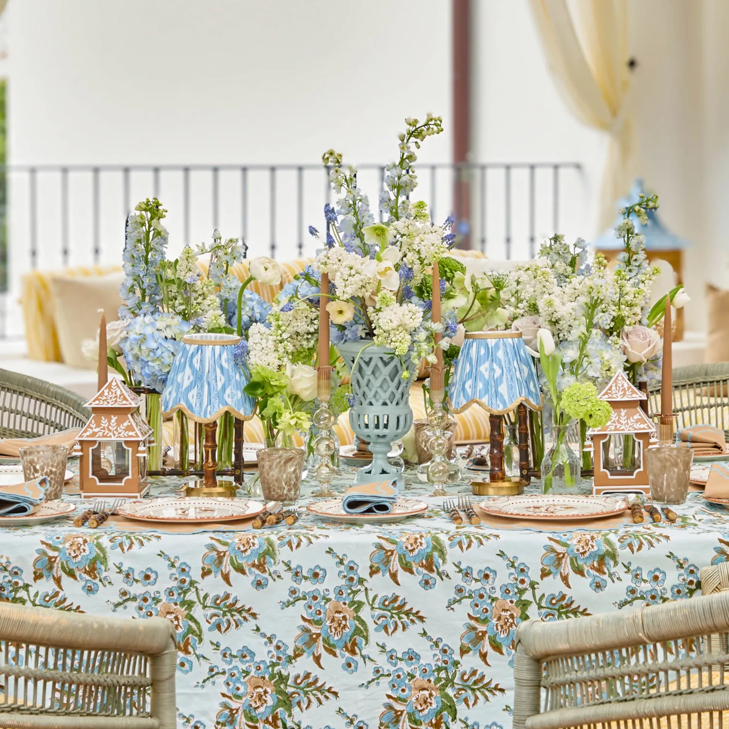 Mrs. Alice Short Burnt Bamboo Rechargeable Lamp with Blue & Putty Ikat Shade (18cm)< Rechargeable Table Lamps | Summer Lighting