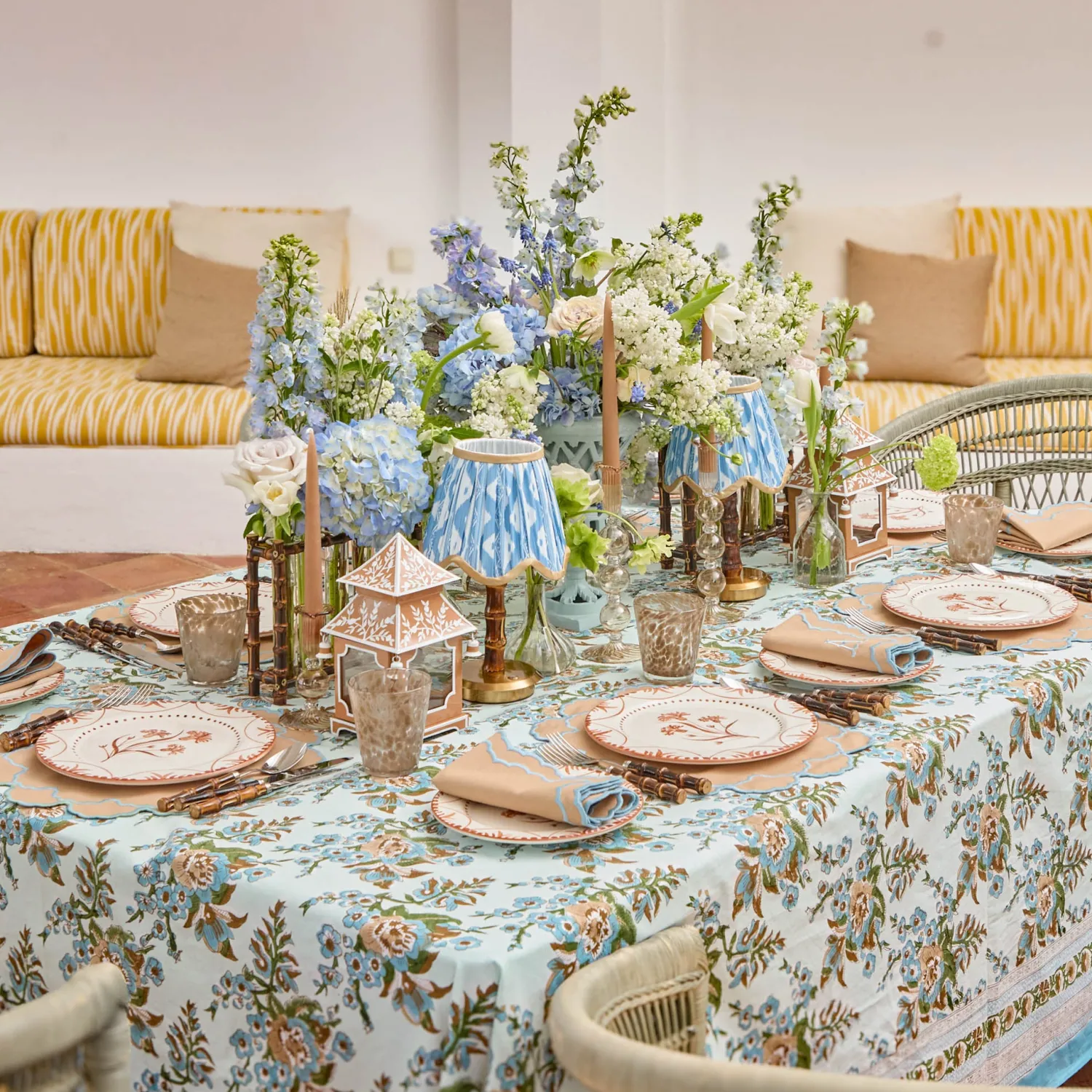 Mrs. Alice Short Burnt Bamboo Rechargeable Lamp with Blue & Putty Ikat Shade (18cm)< Rechargeable Table Lamps | Summer Lighting