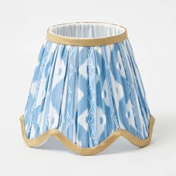 Mrs. Alice Short Burnt Bamboo Rechargeable Lamp with Blue & Putty Ikat Shade (18cm)< Rechargeable Table Lamps | Summer Lighting