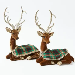 Mrs. Alice Sitting Tartan Flocked Deer (Pair)< Christmas Decorations