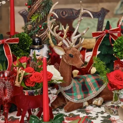 Mrs. Alice Sitting Tartan Flocked Deer (Pair)< Christmas Decorations