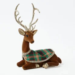 Mrs. Alice Sitting Tartan Flocked Deer (Pair)< Christmas Decorations