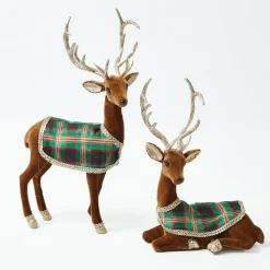 Mrs. Alice Sitting Tartan Flocked Deer (Pair)< Christmas Decorations