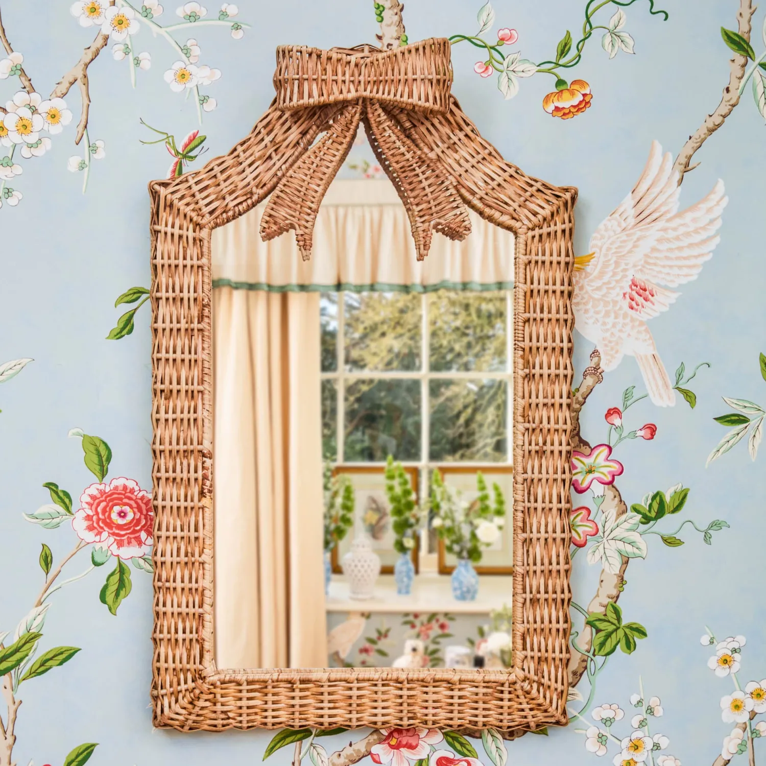 Mrs. Alice Small Celine Bow Rattan Mirror< Mirrors