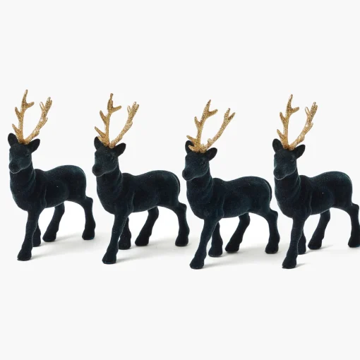 Mrs. Alice Small Flocked Navy Reindeers with Gold Antlers (Set of 4)< Christmas Decorations