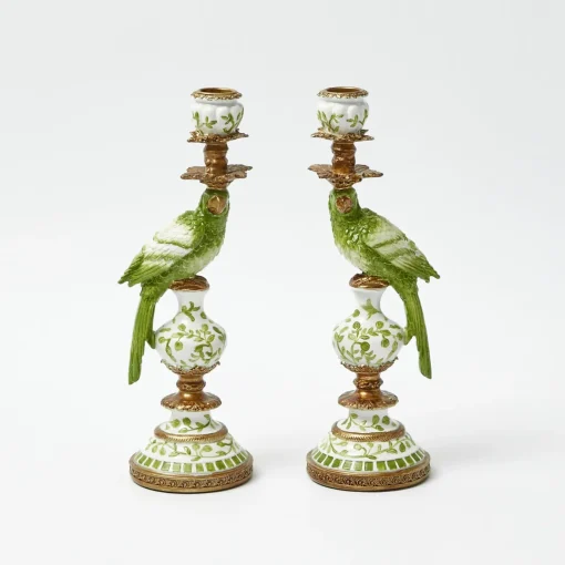 Mrs. Alice Small Green Parrot Candle Holders (Pair)< Summer Candleware | Candle Holders